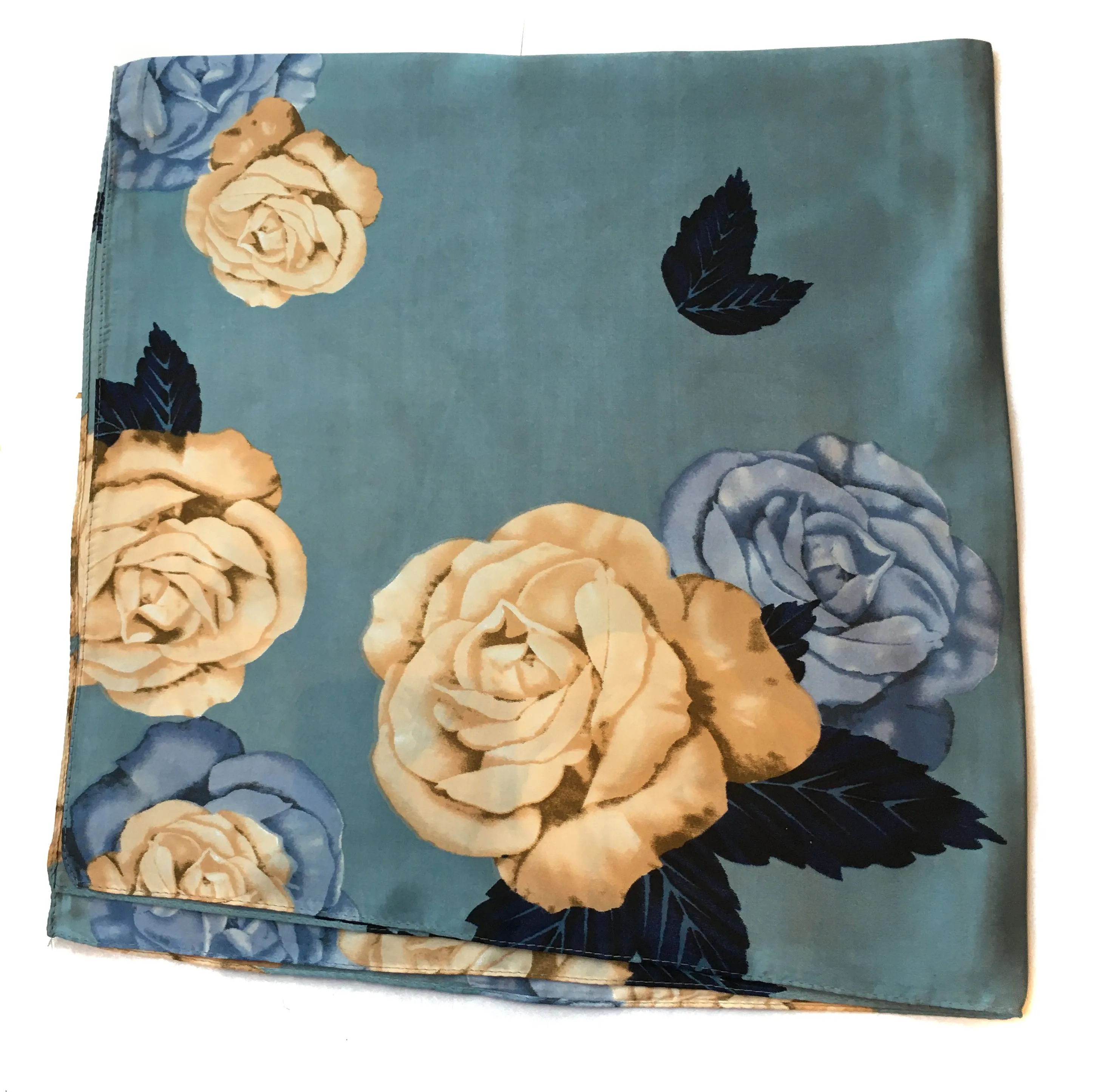 70cm x 70cm Square Scarf Duck Egg Yellow Rose Pattern Print Thin Silky Womens Summer Spring