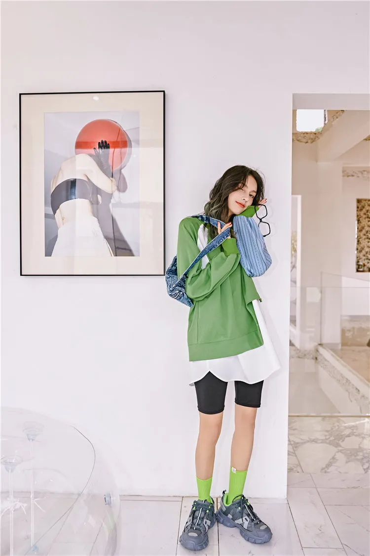 8GIRLS RELAXED DOUBLE LAYER DETAIL COLORBLOCK LONG SLEEVE TOP