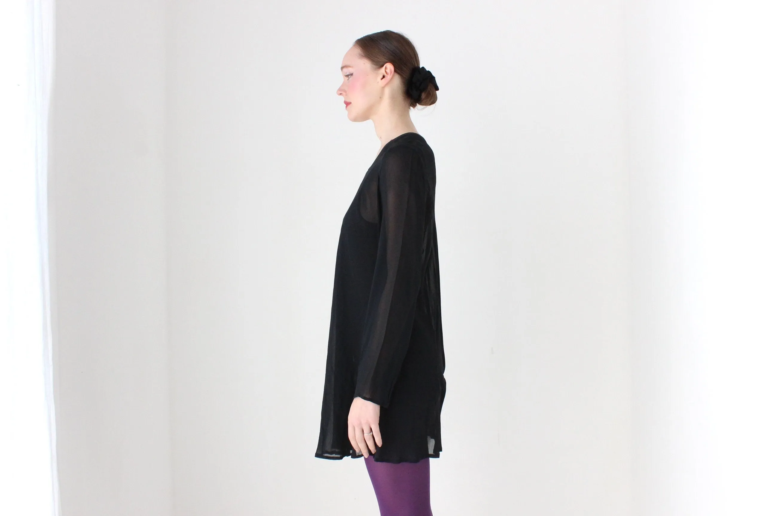 BALLETCORE 90s Black Chiffon Long Sleeve Mini
