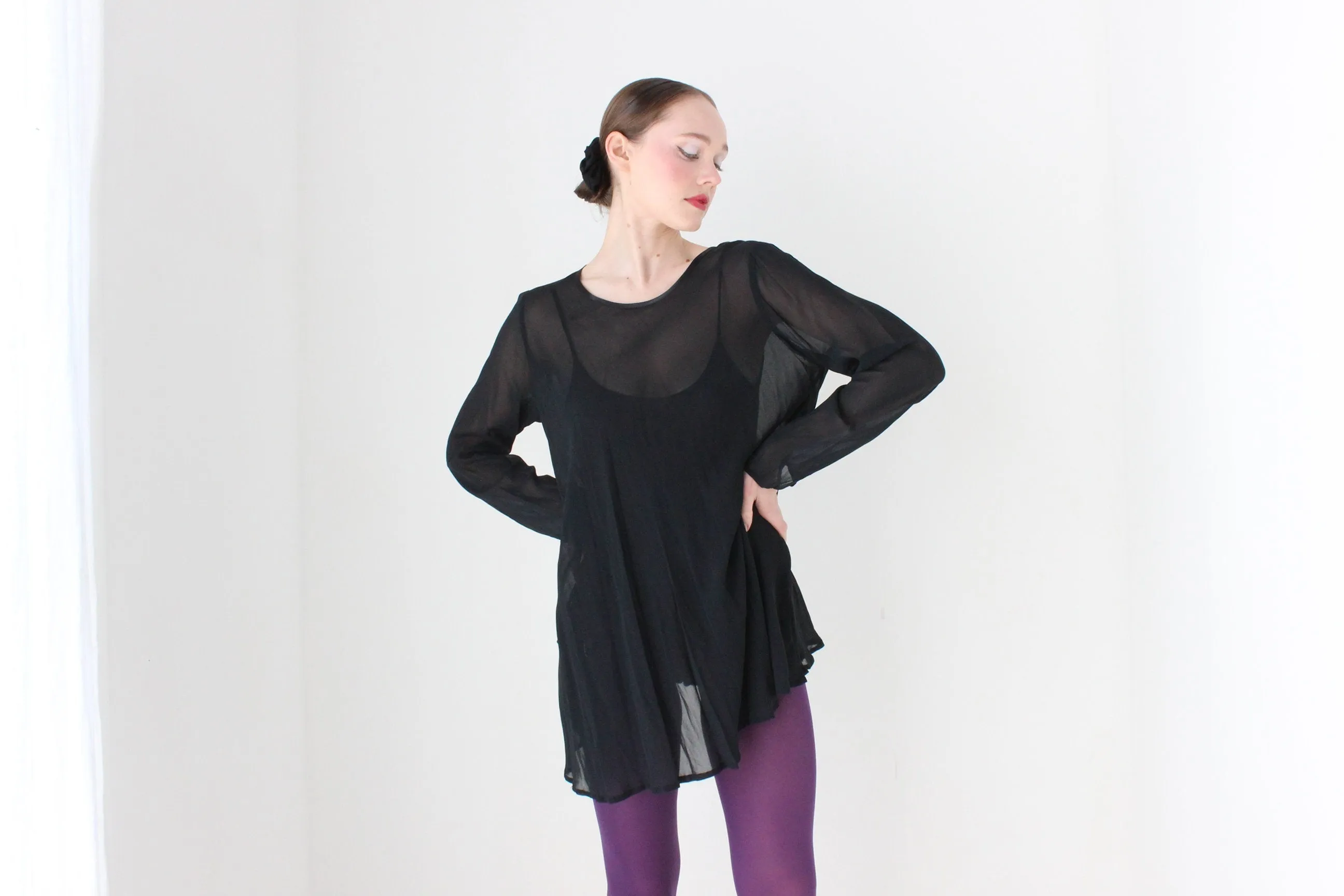 BALLETCORE 90s Black Chiffon Long Sleeve Mini
