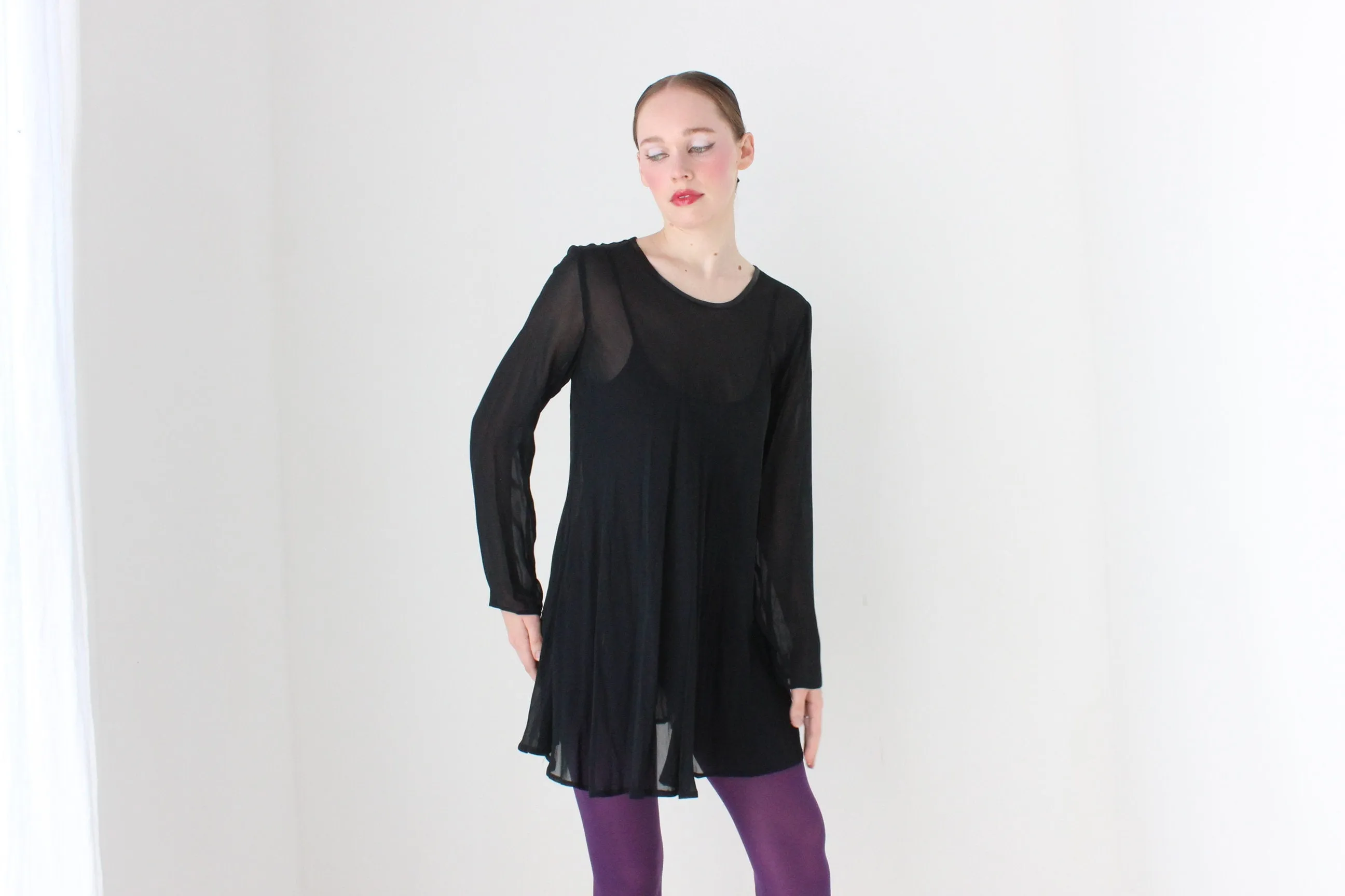 BALLETCORE 90s Black Chiffon Long Sleeve Mini