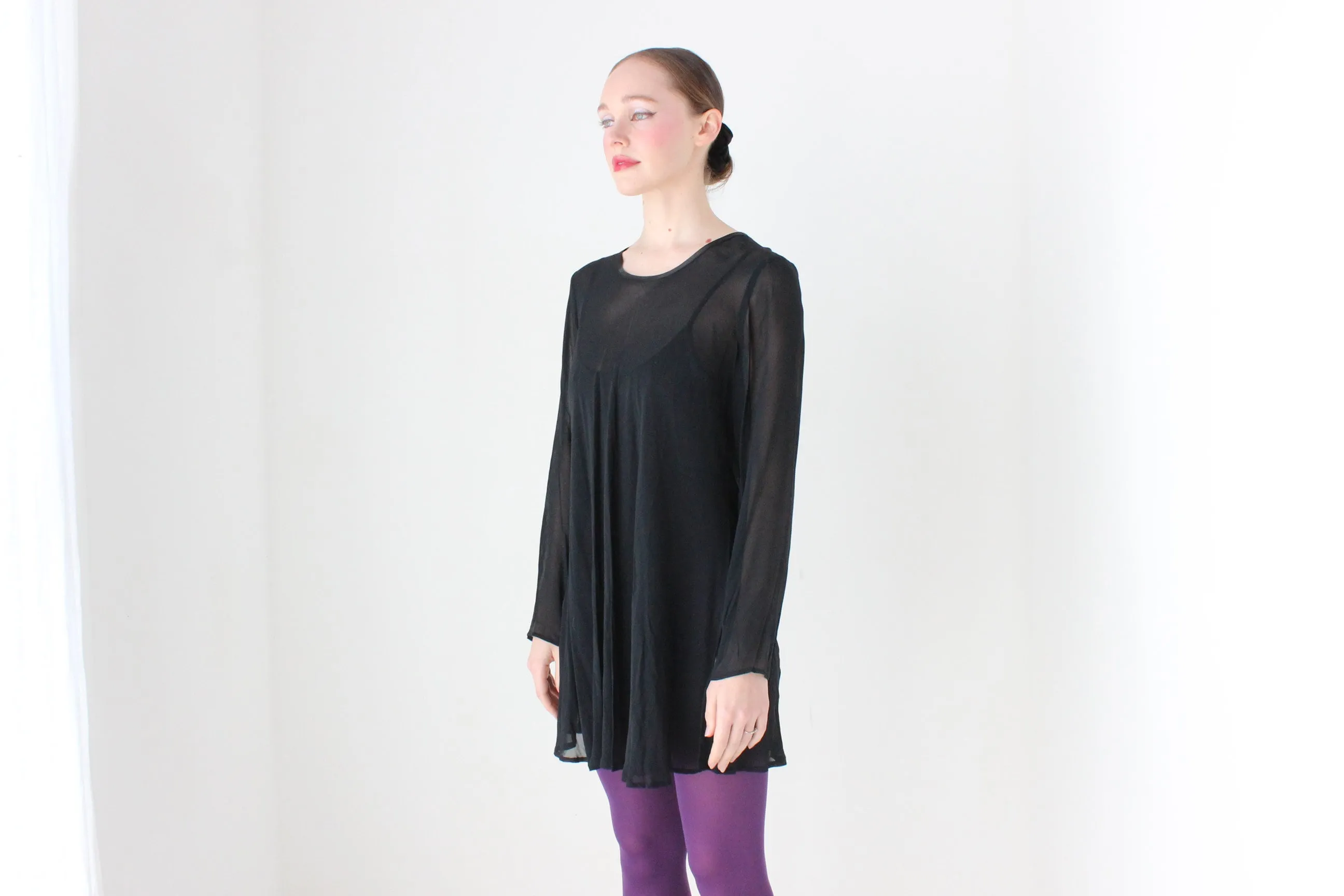 BALLETCORE 90s Black Chiffon Long Sleeve Mini