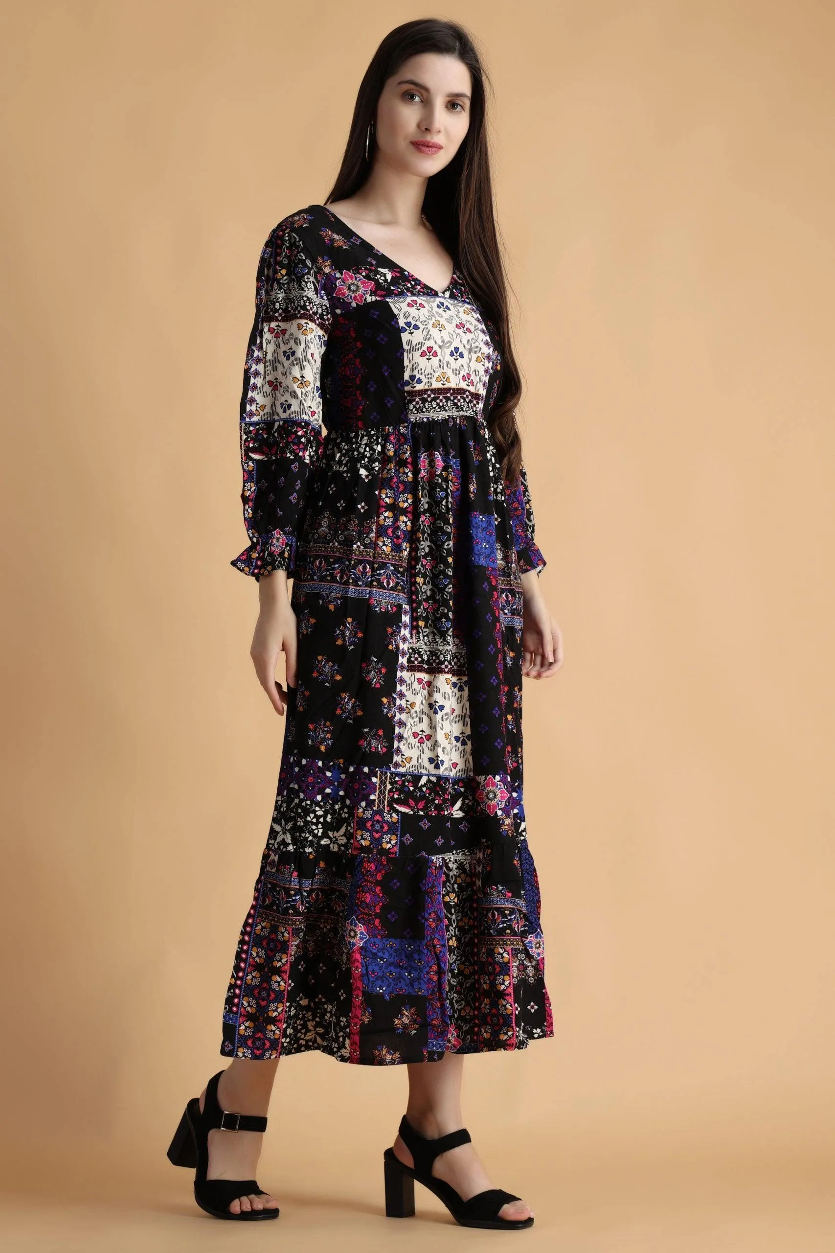 Black Abstract Patch Printed Maxi Dress