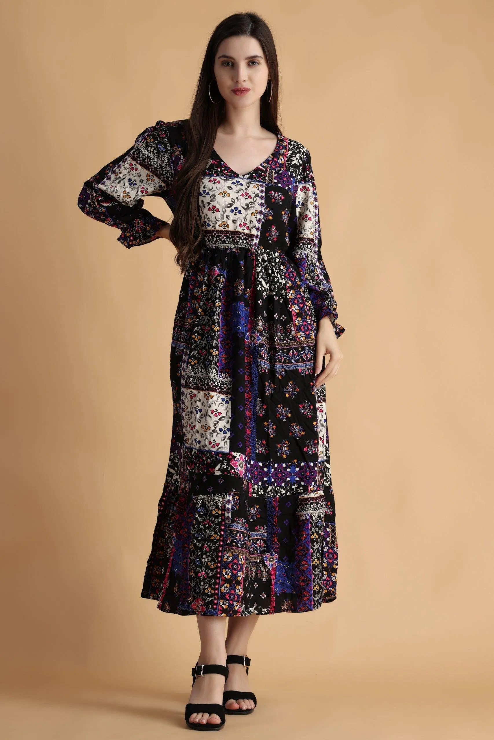 Black Abstract Patch Printed Maxi Dress