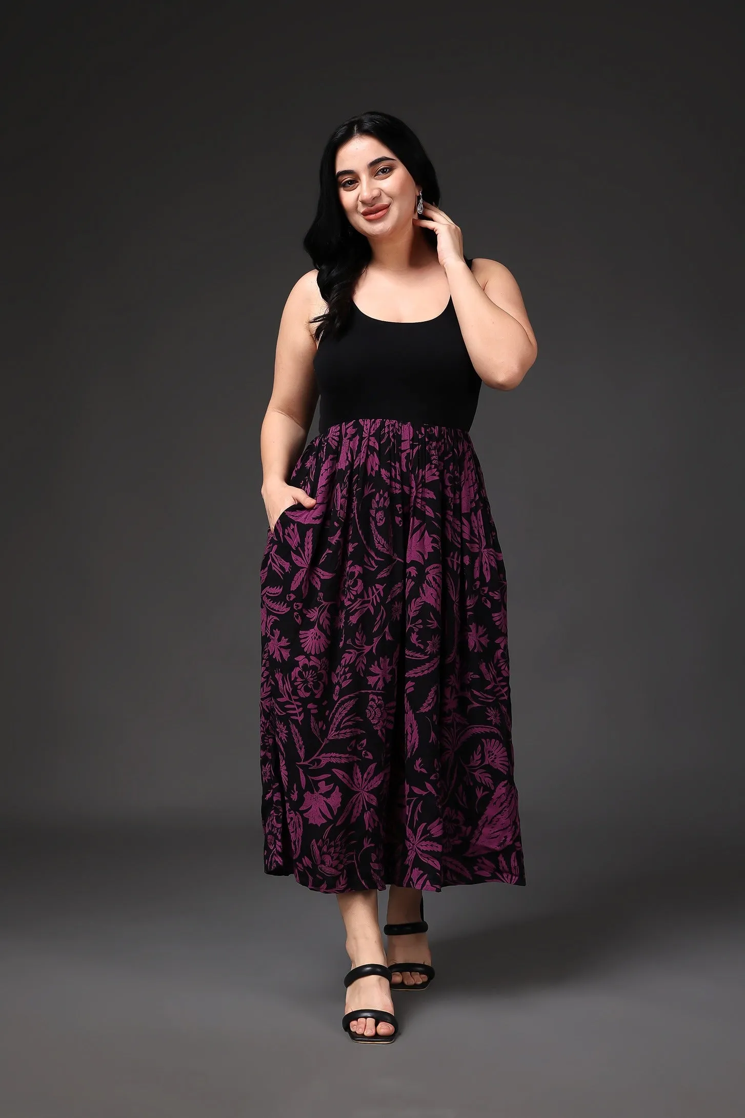 Black & Purple Leaf Printed Dress
