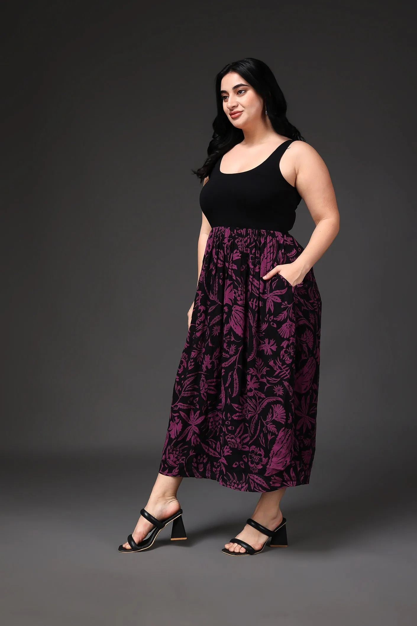 Black & Purple Leaf Printed Dress