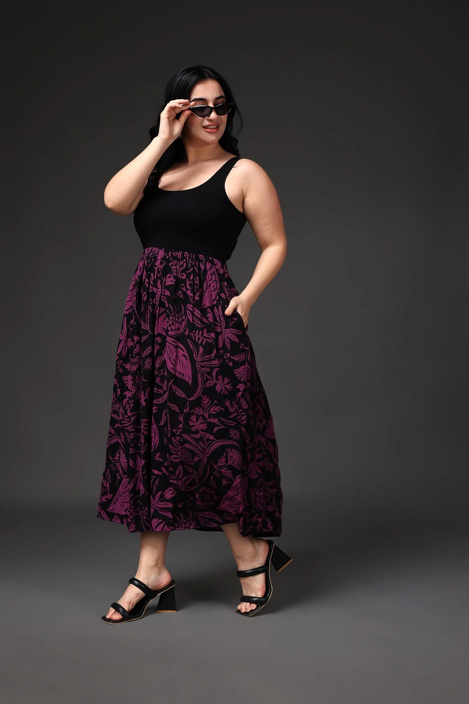 Black & Purple Leaf Printed Dress