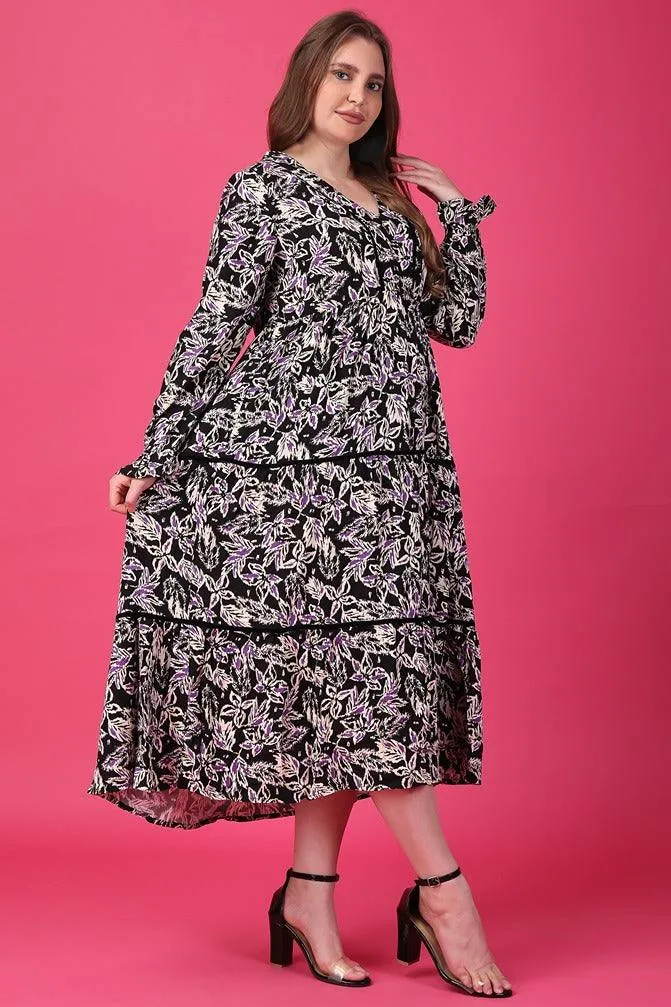 Black & Purple Leaves Printed Dress