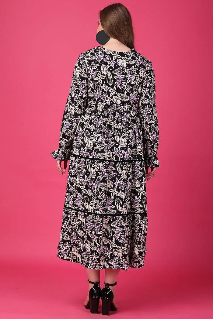 Black & Purple Leaves Printed Dress