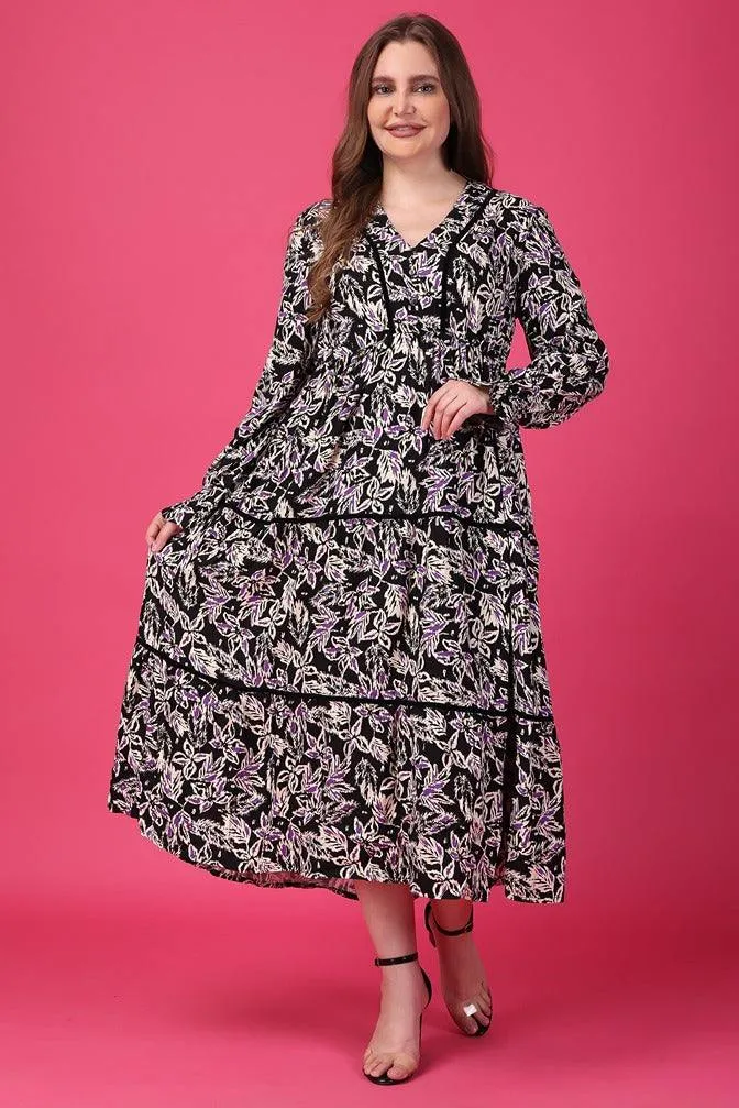 Black & Purple Leaves Printed Dress