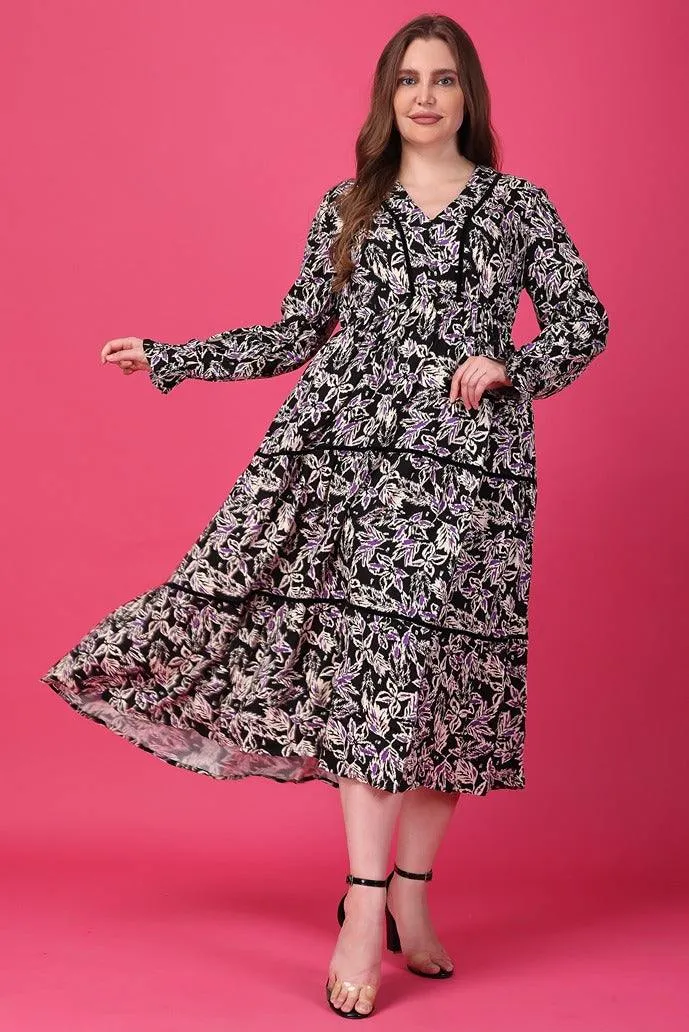 Black & Purple Leaves Printed Dress