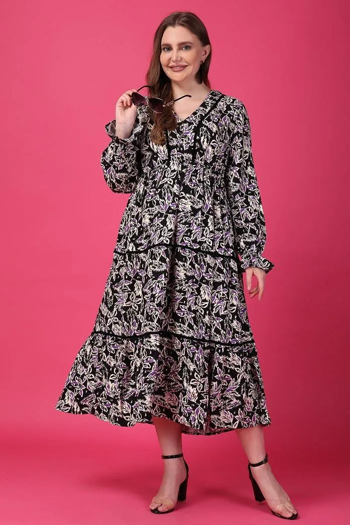 Black & Purple Leaves Printed Dress