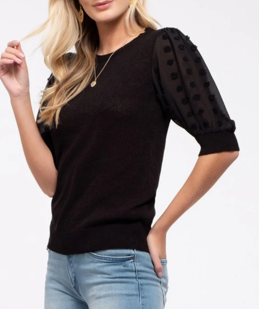 Black Short Sleeve Sweater w/ Dot Sleeve