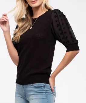 Black Short Sleeve Sweater w/ Dot Sleeve