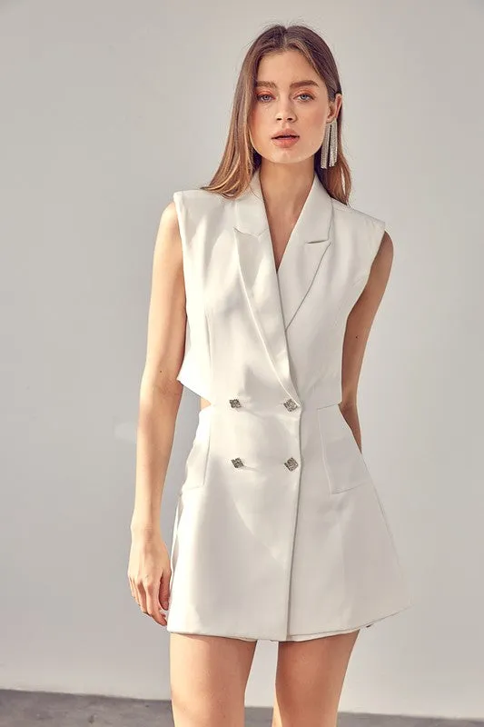 Blazer Button Front White Sleeveless Shorts Romper