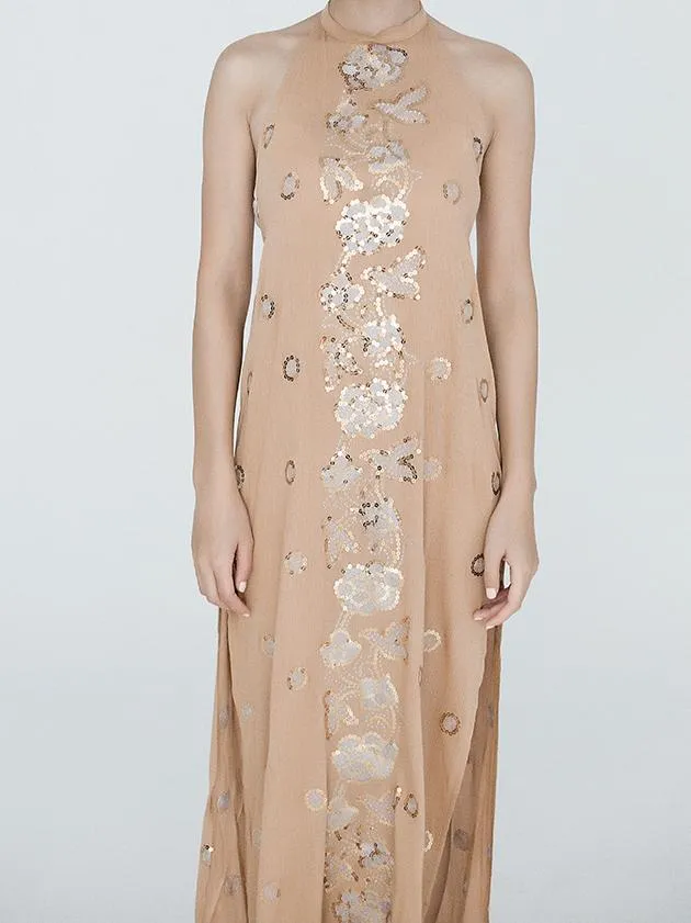 Bohemian style Sequin embroidered flowers hanging neck halter open the beach dress
