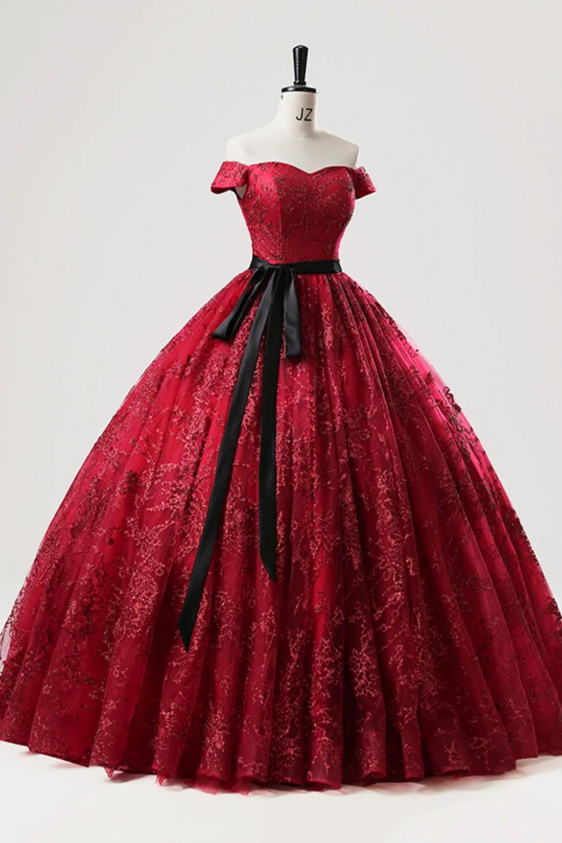 Burgundy Tulle Sequins Long Prom Dress, A-Line Off the Shoulder Party Gown