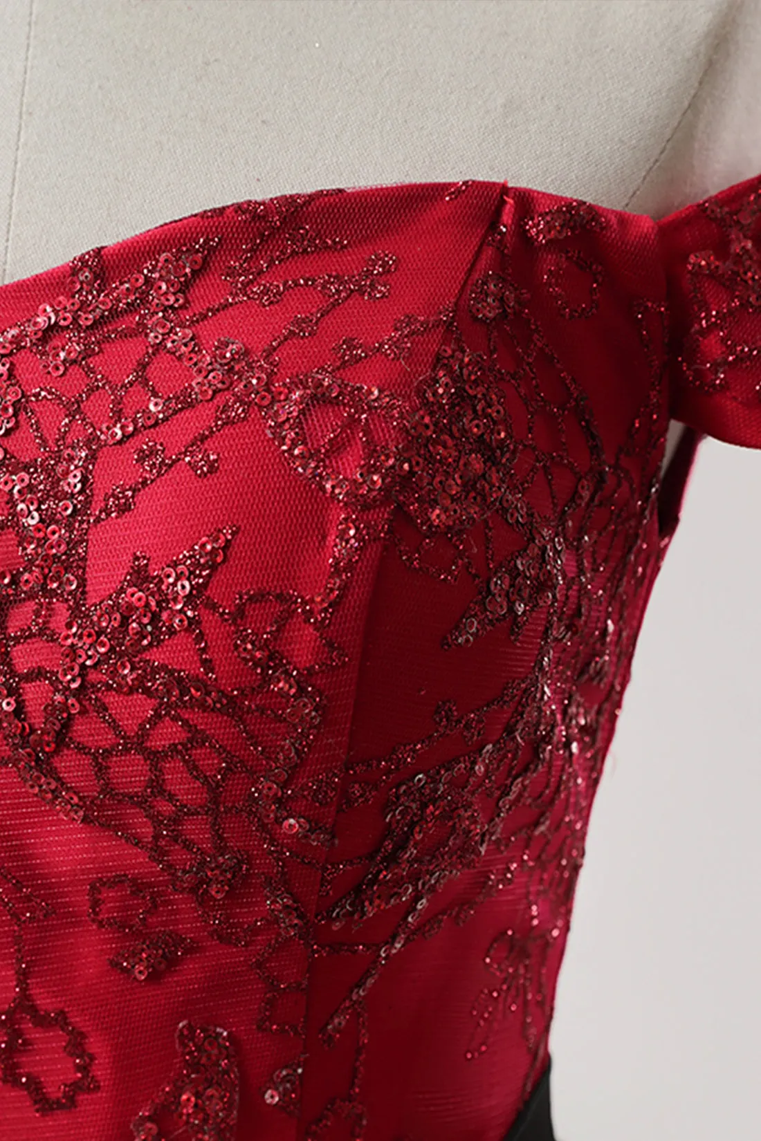 Burgundy Tulle Sequins Long Prom Dress, A-Line Off the Shoulder Party Gown