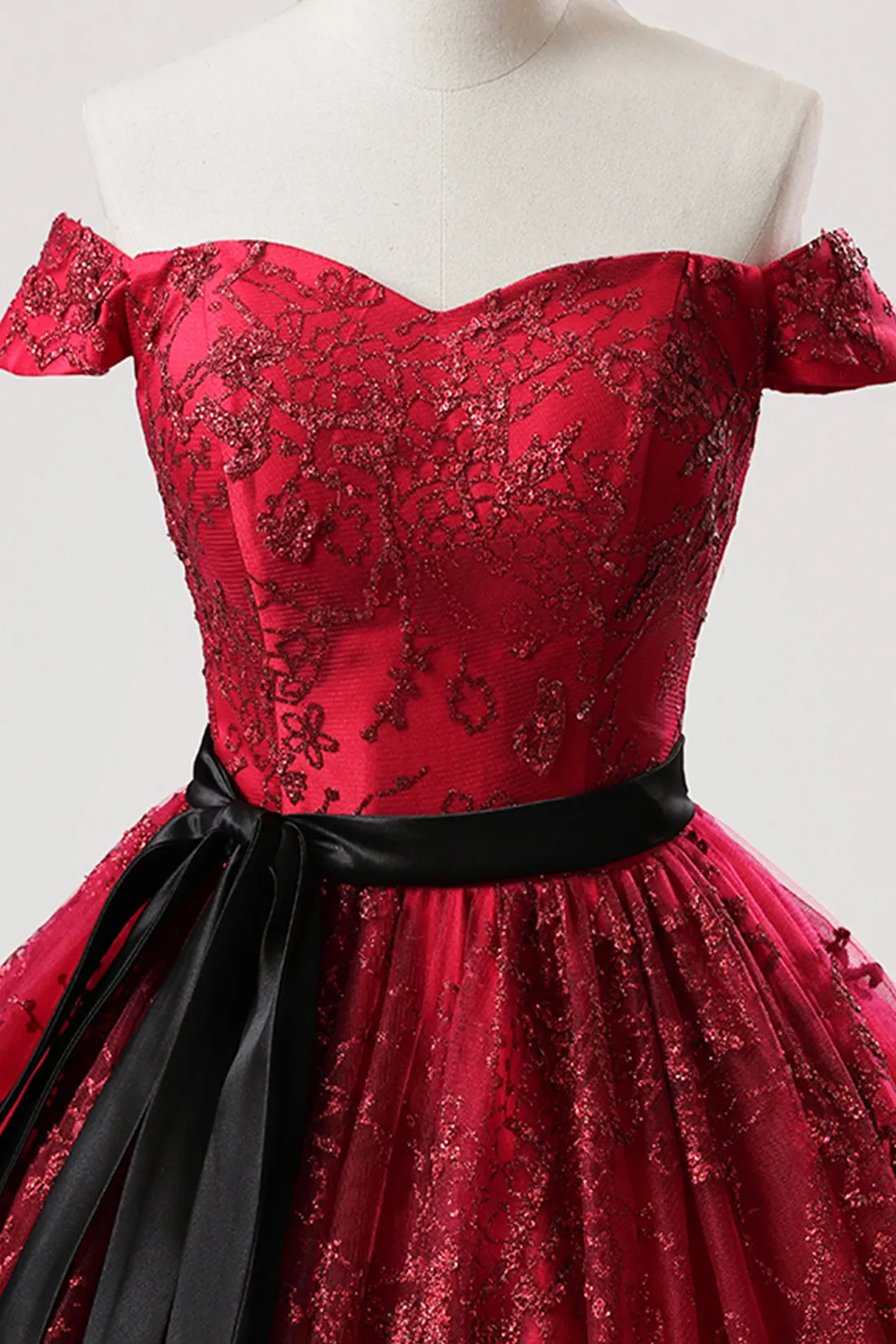 Burgundy Tulle Sequins Long Prom Dress, A-Line Off the Shoulder Party Gown
