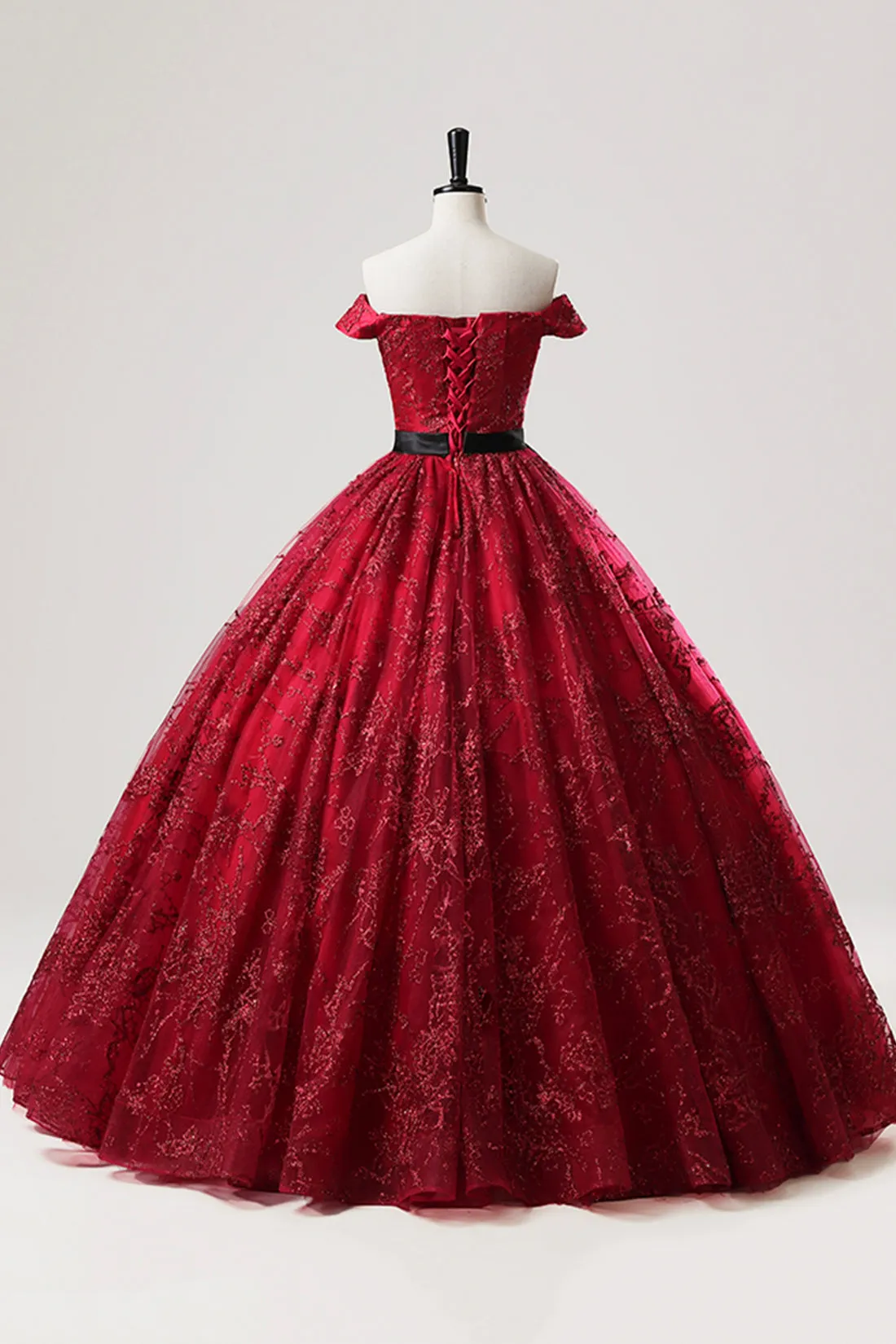Burgundy Tulle Sequins Long Prom Dress, A-Line Off the Shoulder Party Gown