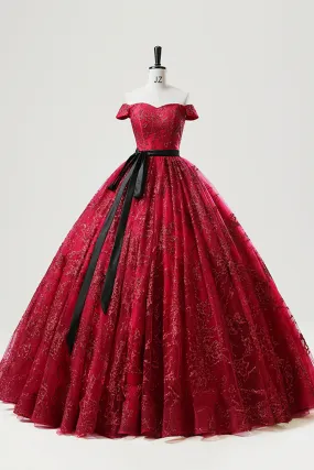Burgundy Tulle Sequins Long Prom Dress, A-Line Off the Shoulder Party Gown