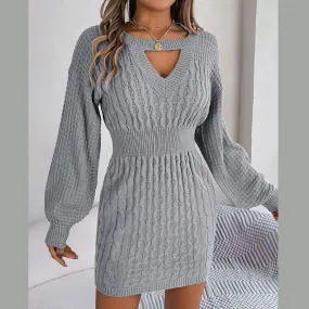 Cable-Knit Cutout Round Neck Slit Sweater Dress