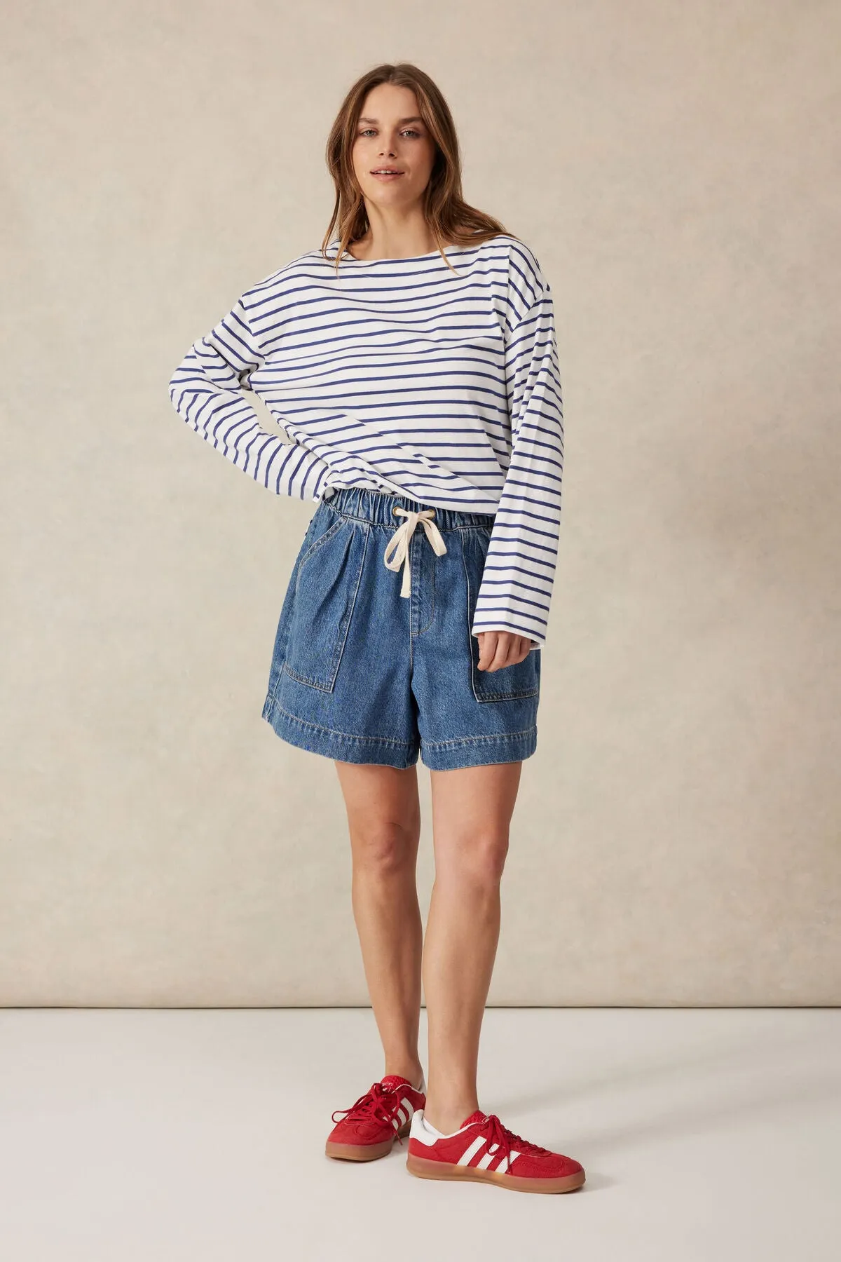 Ceres Life Slouchy Long Sleeve Boatneck Tee - college blue stripe