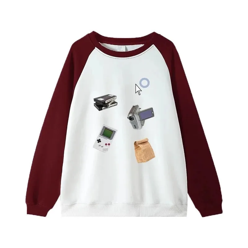 Contrast Color Chic Printing Loose Casual Women Hoodies Basic Simple O-neck Pullovers Fashion 4-colors Female Hoodies