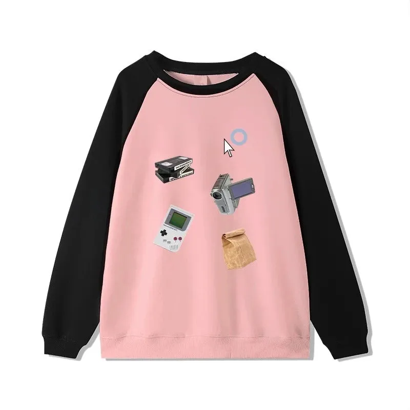 Contrast Color Chic Printing Loose Casual Women Hoodies Basic Simple O-neck Pullovers Fashion 4-colors Female Hoodies