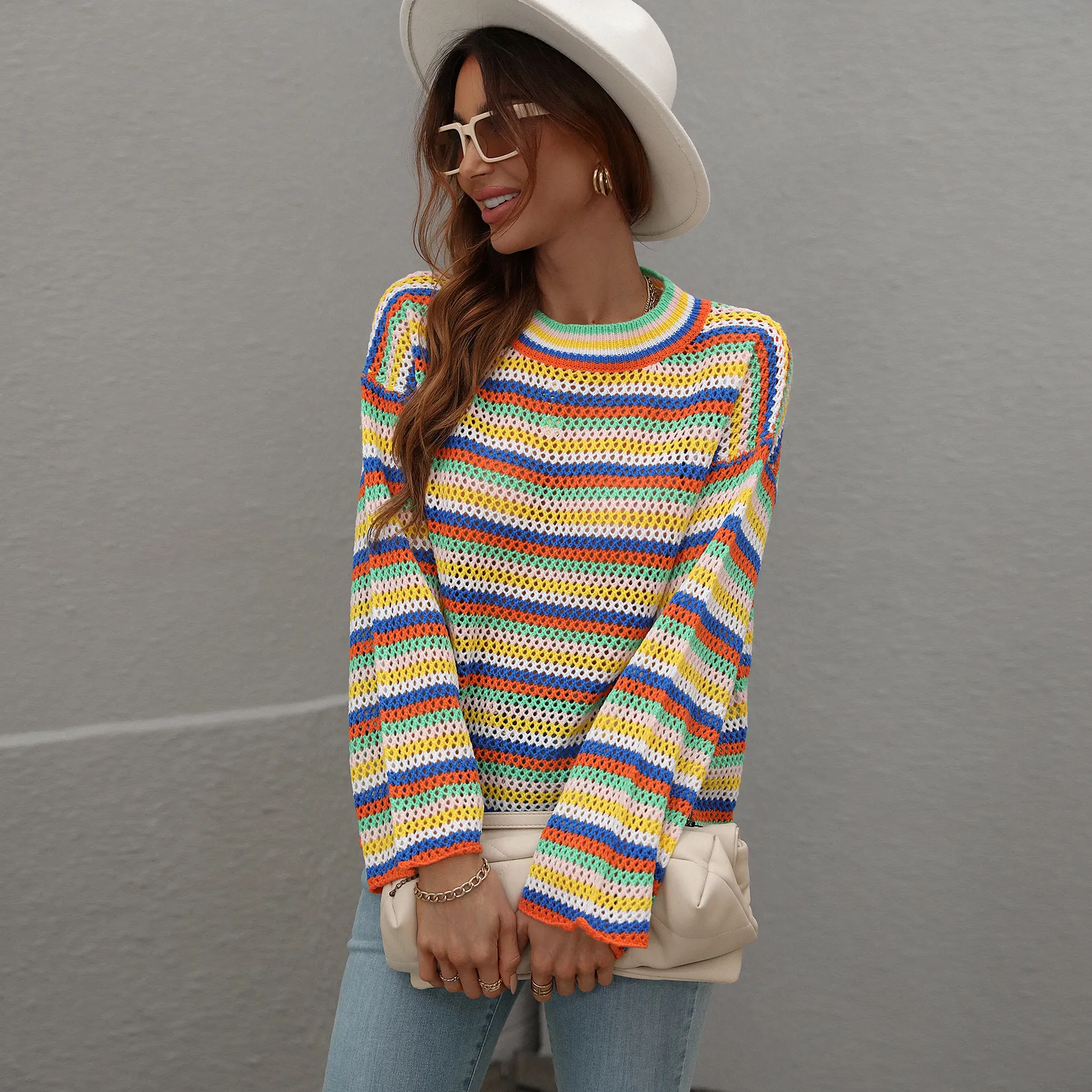 Crew Neck Colorful Striped Sweater Jumper