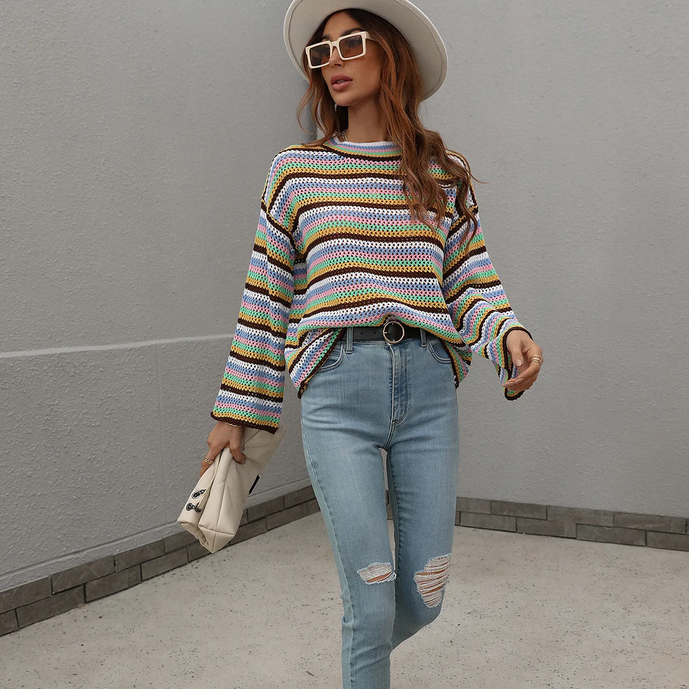 Crew Neck Colorful Striped Sweater Jumper