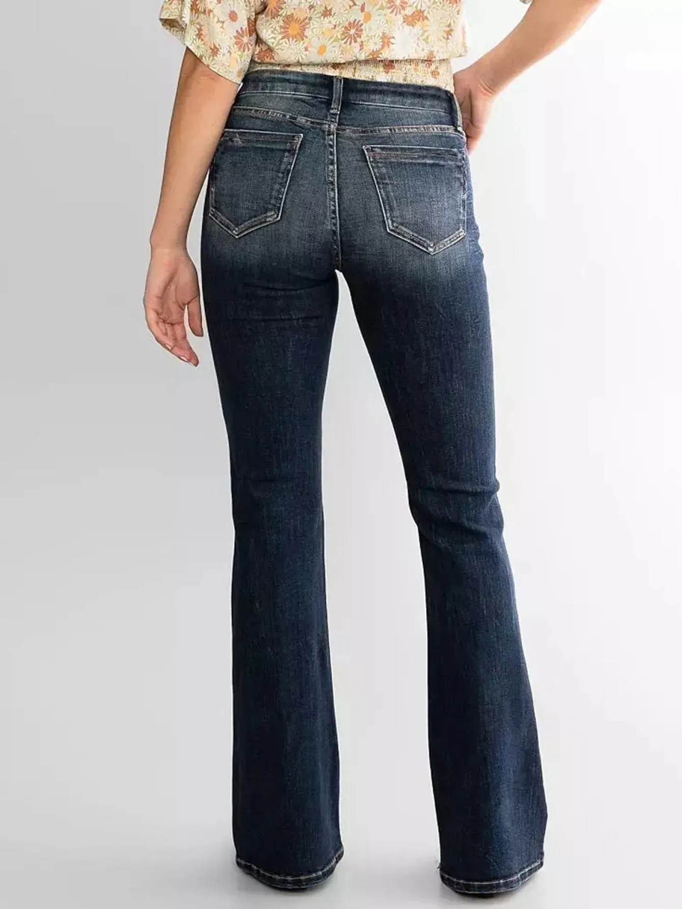Denim Cotton Ladies Mid Waist Slim Fit Stretch Retro Flared Jeans