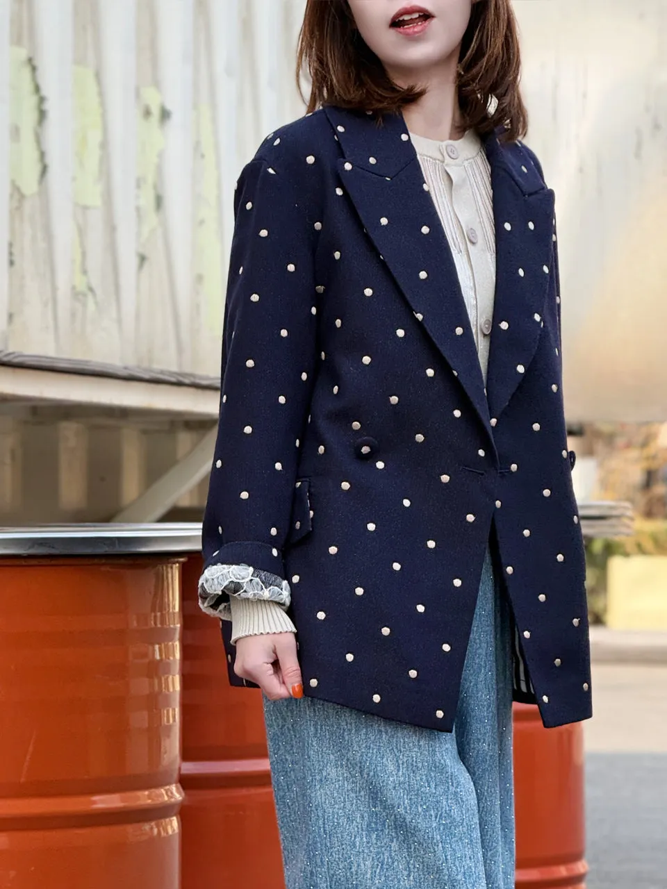 Dots Drop Shoulder Relaxed Fit Ruffle Trimmed Wool Blend Blazer