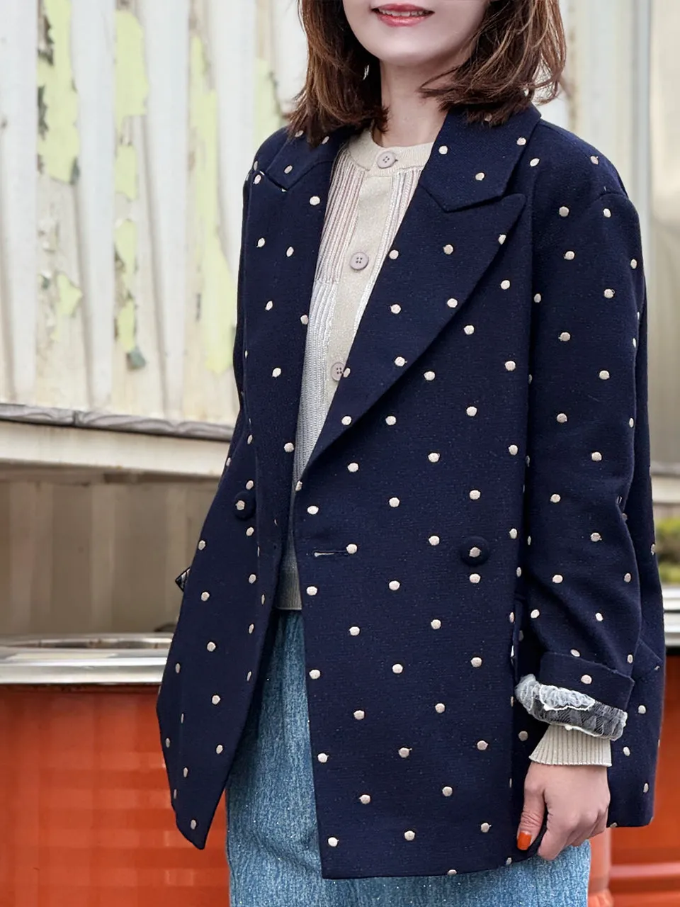Dots Drop Shoulder Relaxed Fit Ruffle Trimmed Wool Blend Blazer