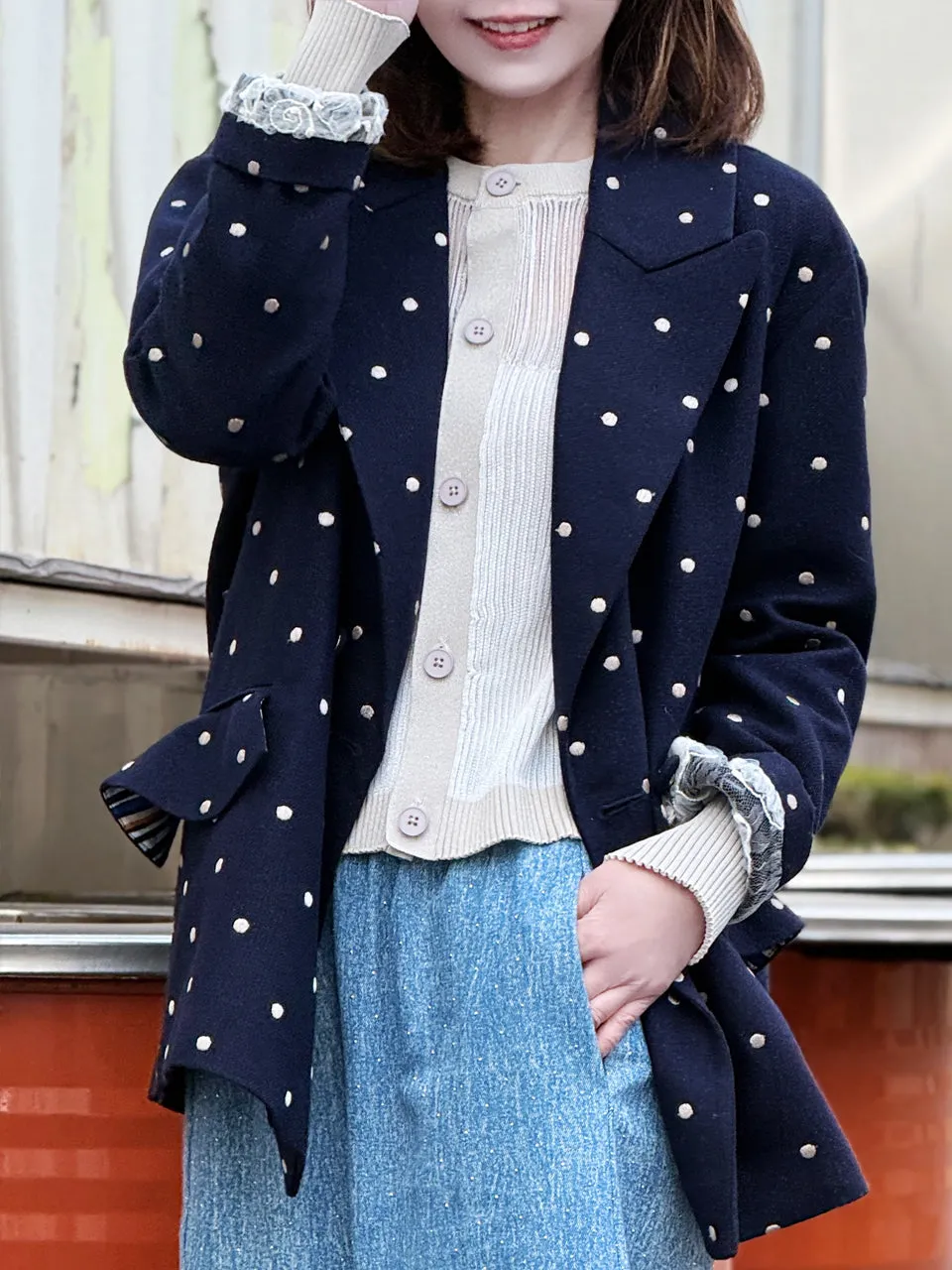 Dots Drop Shoulder Relaxed Fit Ruffle Trimmed Wool Blend Blazer