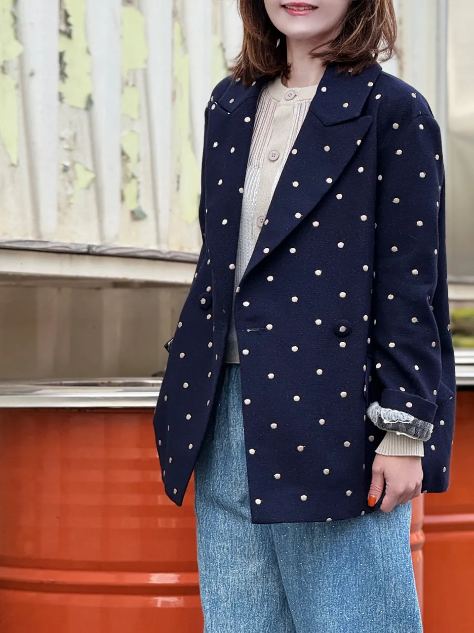 Dots Drop Shoulder Relaxed Fit Ruffle Trimmed Wool Blend Blazer