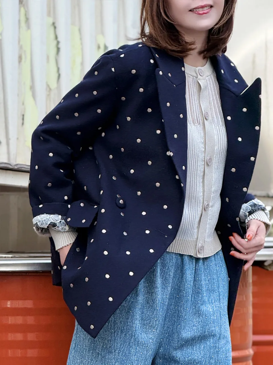 Dots Drop Shoulder Relaxed Fit Ruffle Trimmed Wool Blend Blazer