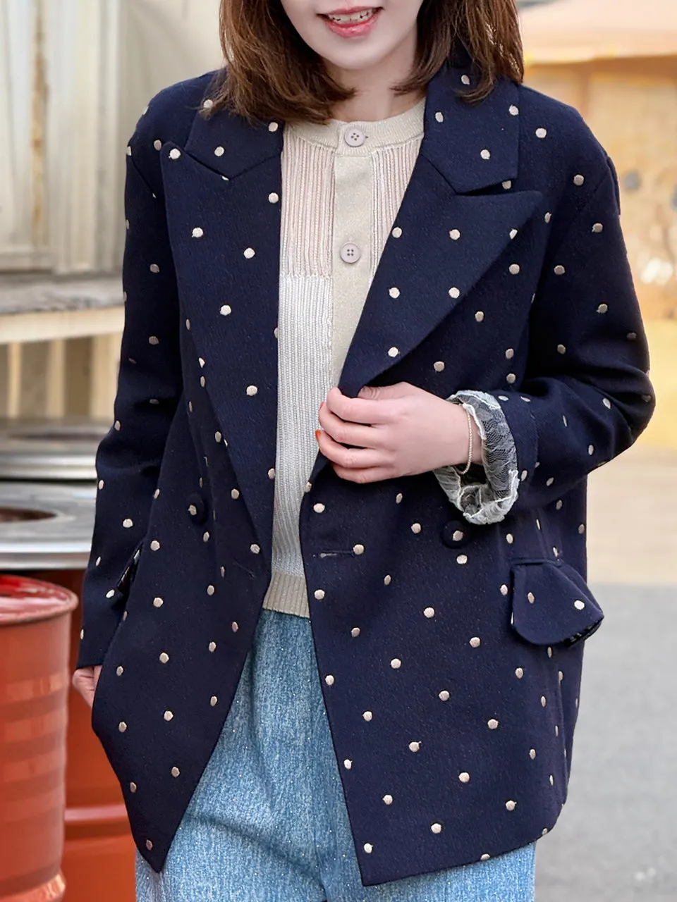 Dots Drop Shoulder Relaxed Fit Ruffle Trimmed Wool Blend Blazer