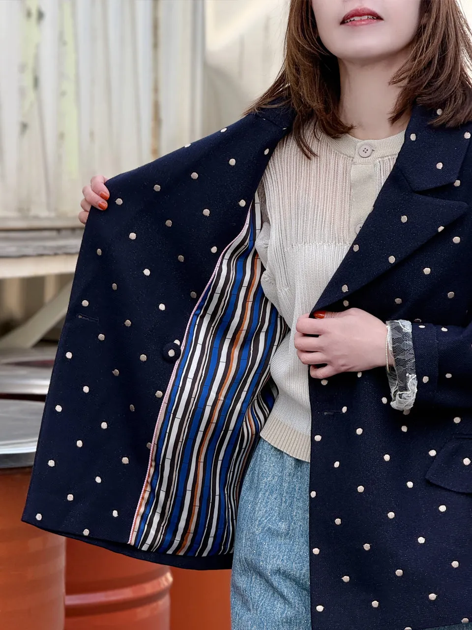 Dots Drop Shoulder Relaxed Fit Ruffle Trimmed Wool Blend Blazer