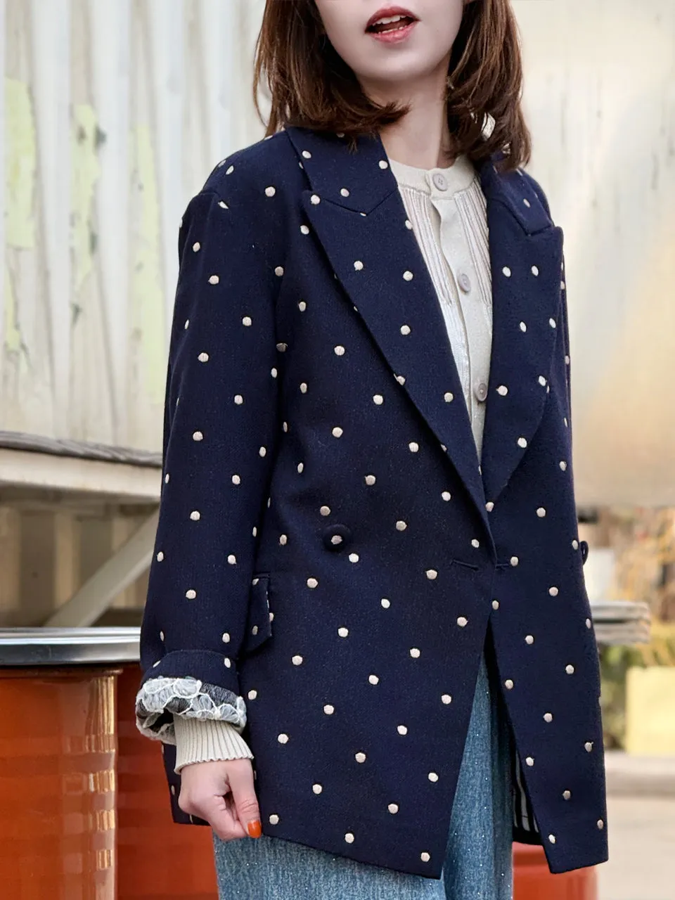 Dots Drop Shoulder Relaxed Fit Ruffle Trimmed Wool Blend Blazer