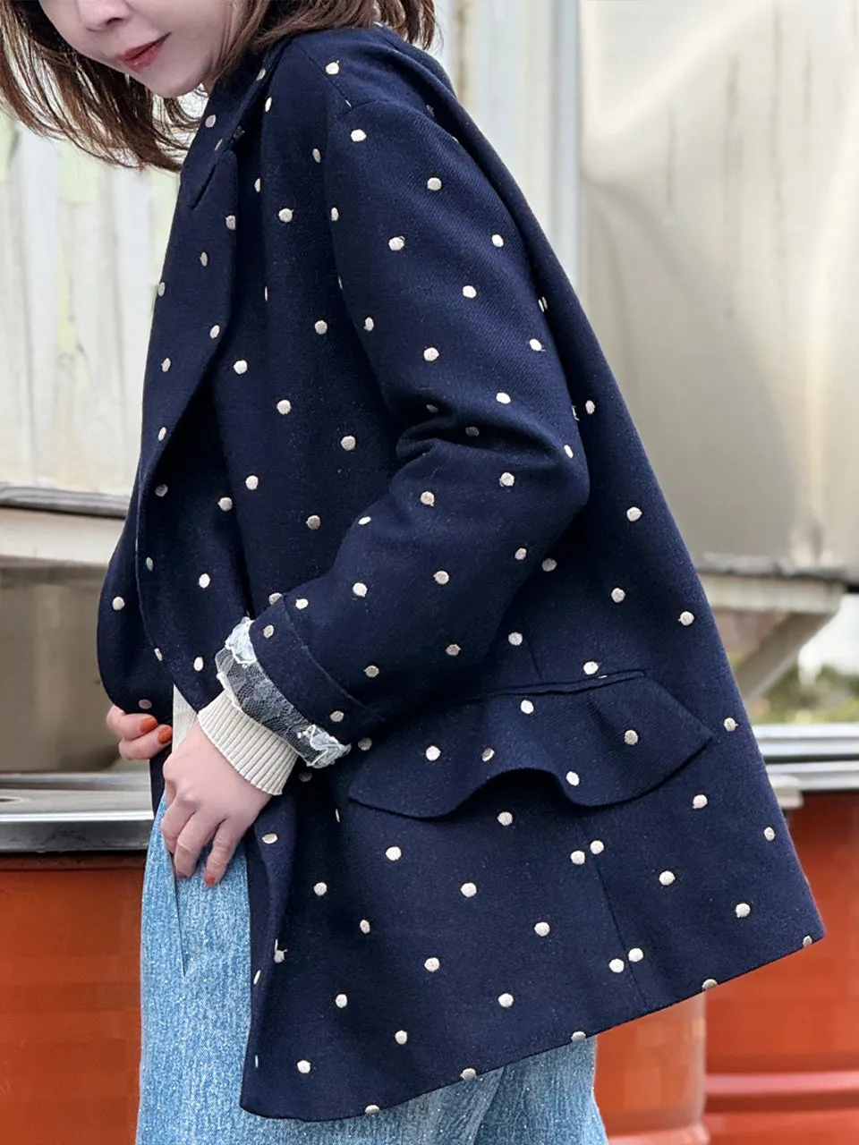Dots Drop Shoulder Relaxed Fit Ruffle Trimmed Wool Blend Blazer