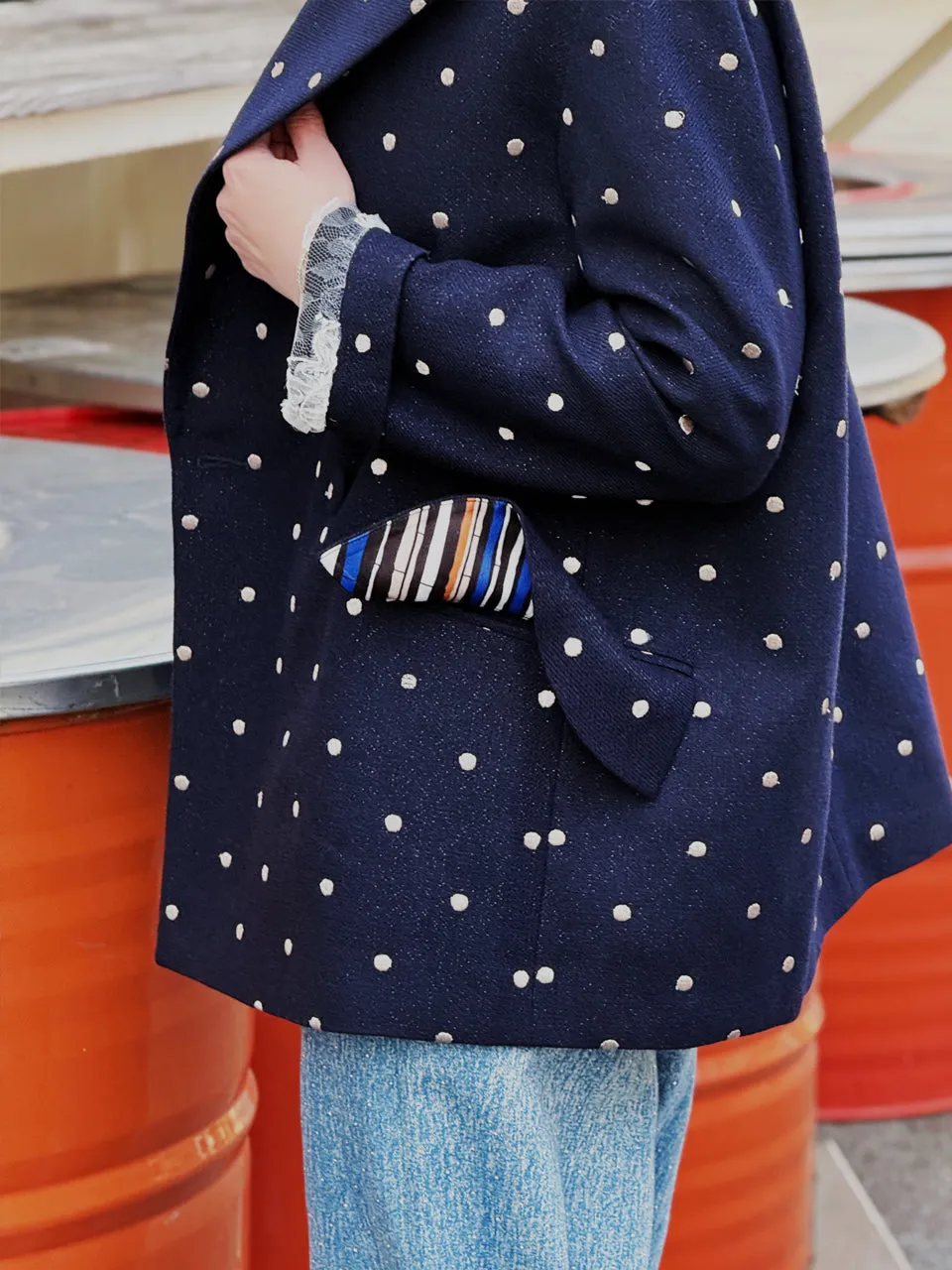 Dots Drop Shoulder Relaxed Fit Ruffle Trimmed Wool Blend Blazer