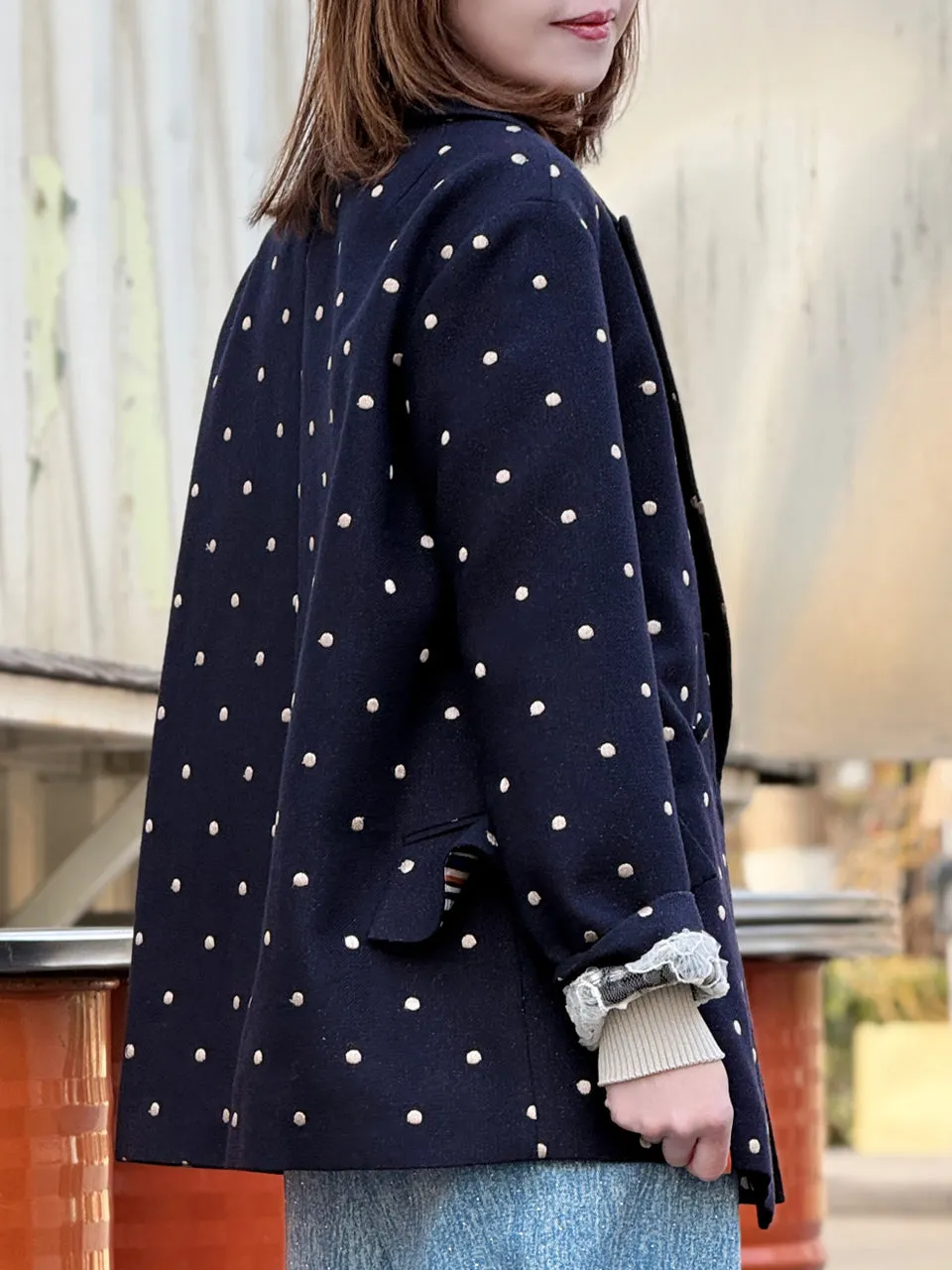 Dots Drop Shoulder Relaxed Fit Ruffle Trimmed Wool Blend Blazer
