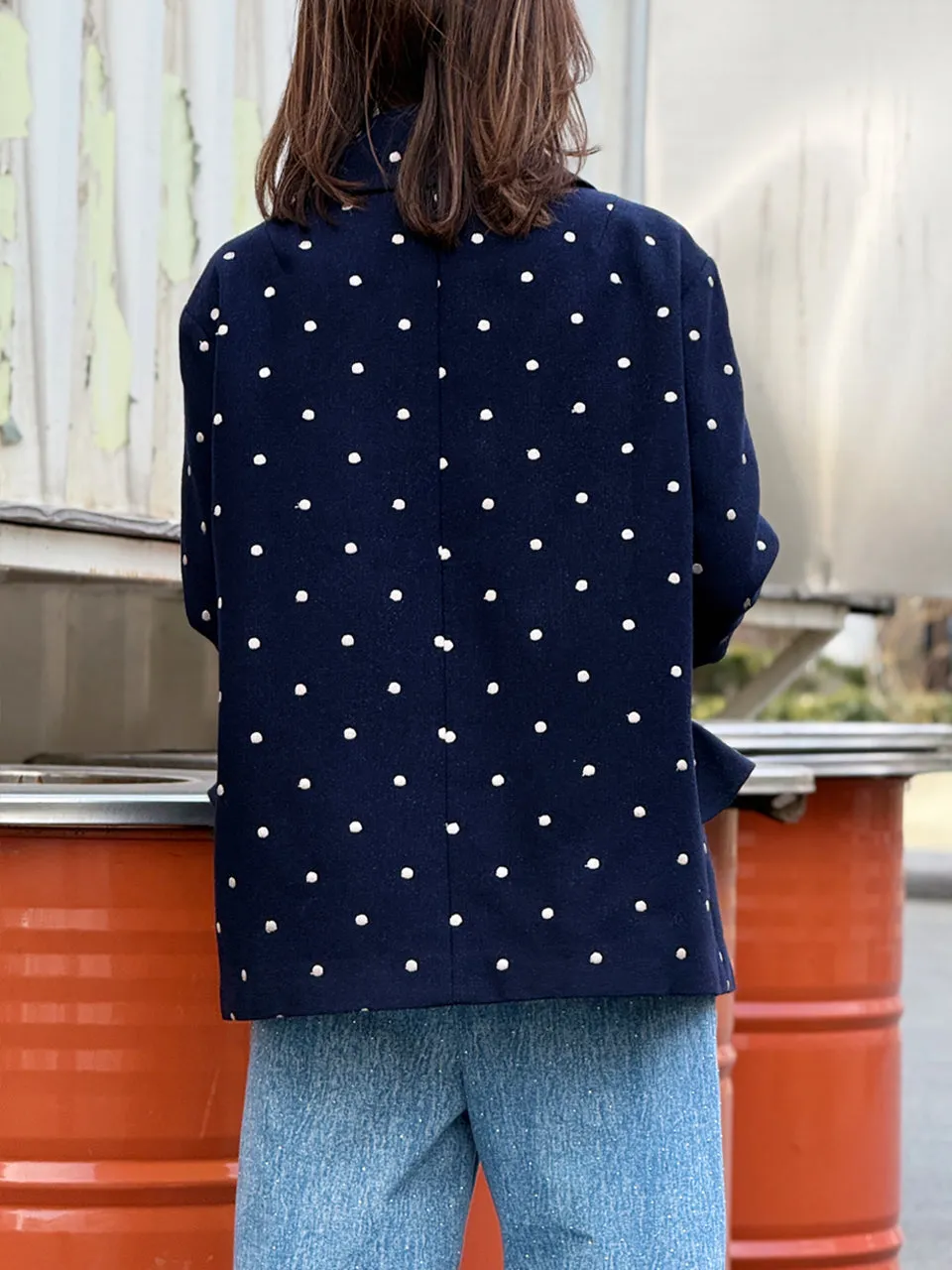 Dots Drop Shoulder Relaxed Fit Ruffle Trimmed Wool Blend Blazer