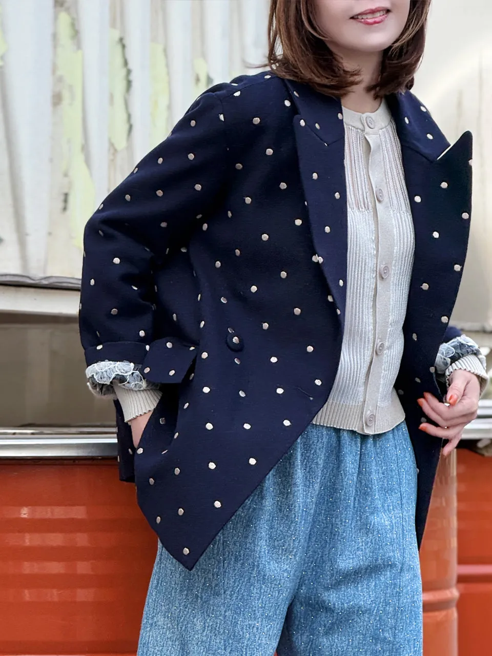 Dots Drop Shoulder Relaxed Fit Ruffle Trimmed Wool Blend Blazer