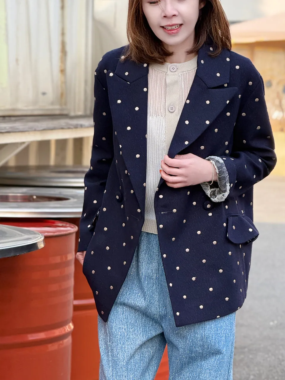 Dots Drop Shoulder Relaxed Fit Ruffle Trimmed Wool Blend Blazer