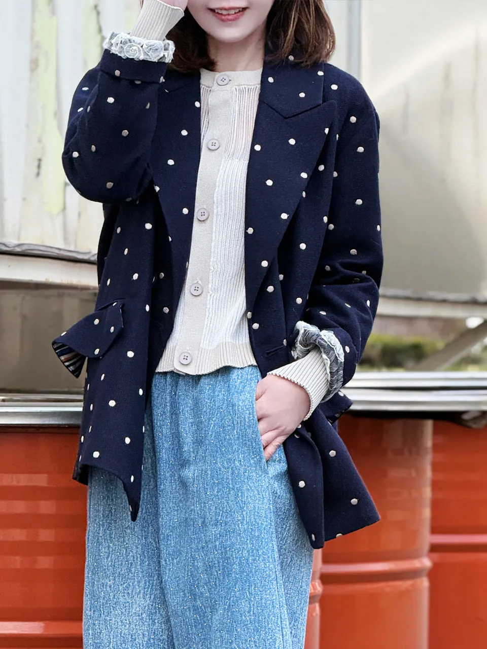 Dots Drop Shoulder Relaxed Fit Ruffle Trimmed Wool Blend Blazer