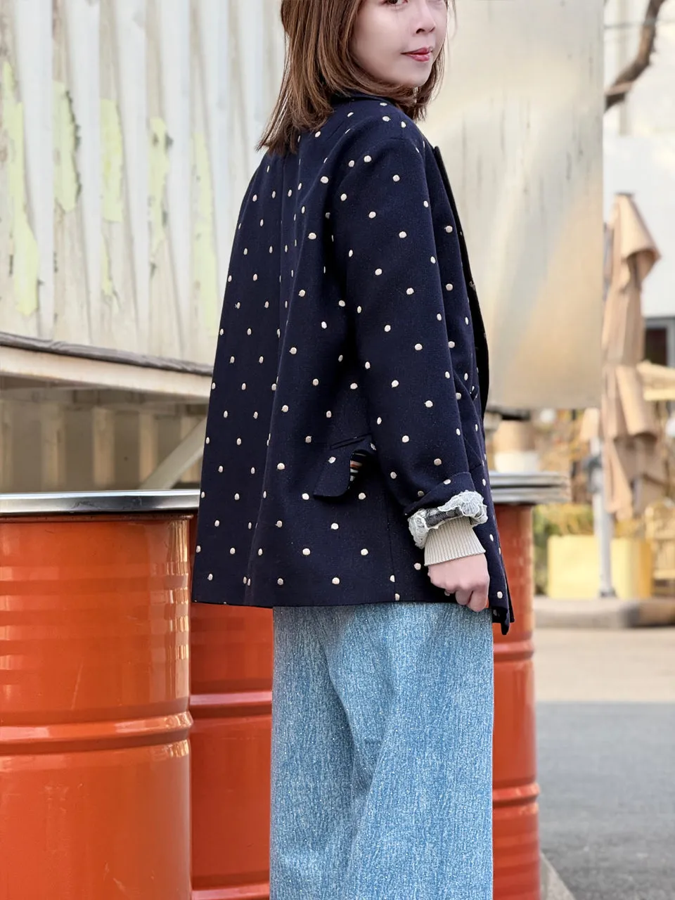 Dots Drop Shoulder Relaxed Fit Ruffle Trimmed Wool Blend Blazer