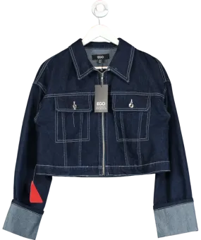 Ego Blue Long Cuffed Sleeve Zip Up Front Cropped Jacket UK 10