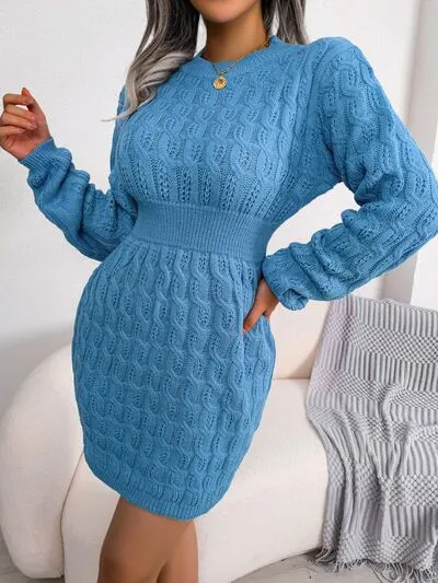 Elegant Cable-Knit Mini Wrap Sweater Dress with Round Neck